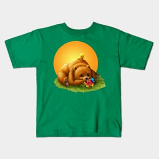 Cute Grizzly Bear and Yellow Bird in Sunset Kids T-Shirt